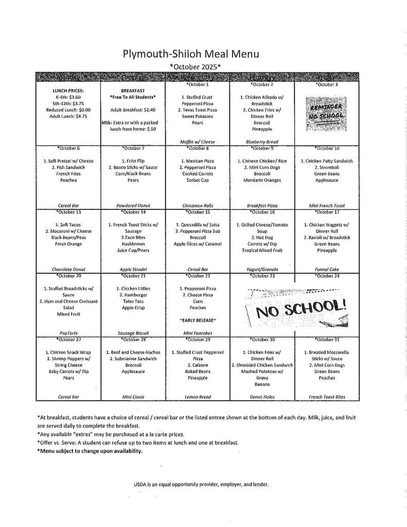 October 2025 Menu