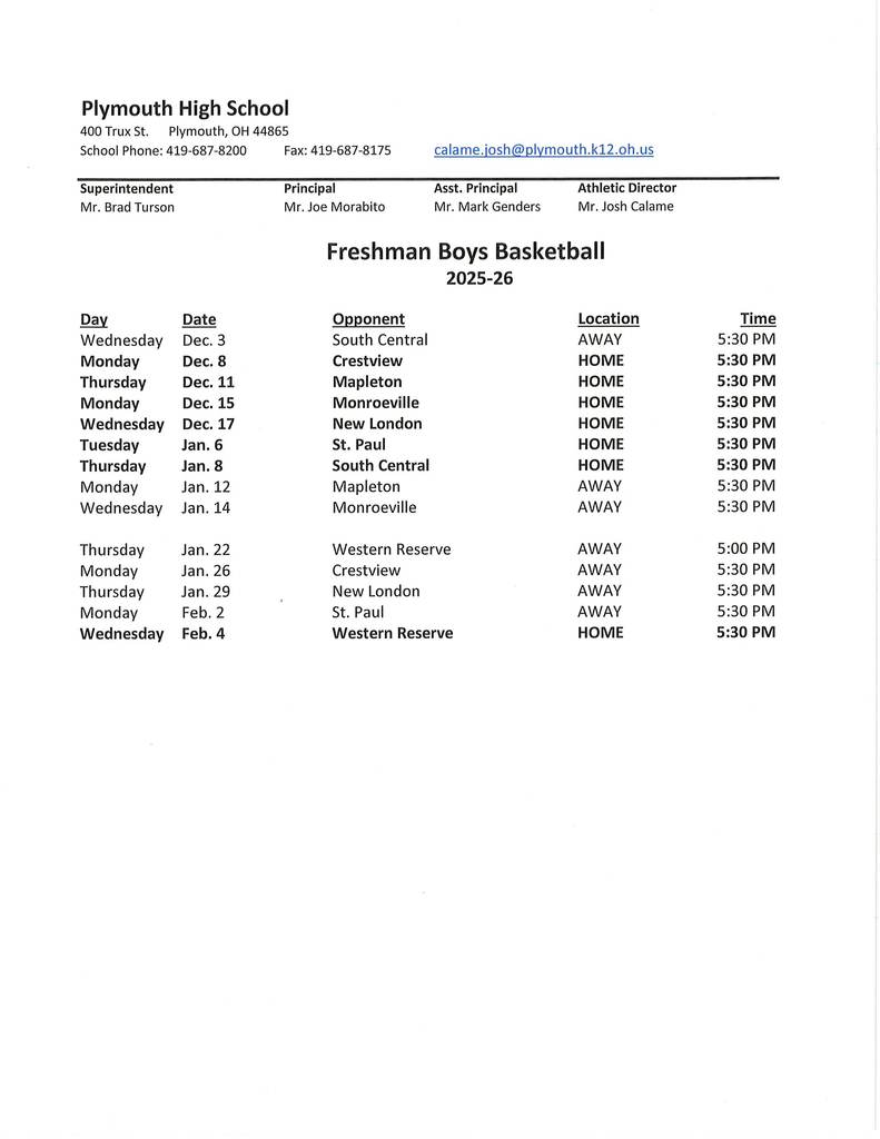 Freshman Boys Basketball 25-26 as of 10-2-25