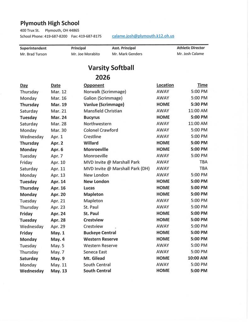 Varsity Softball 2026 as of 2-19-26