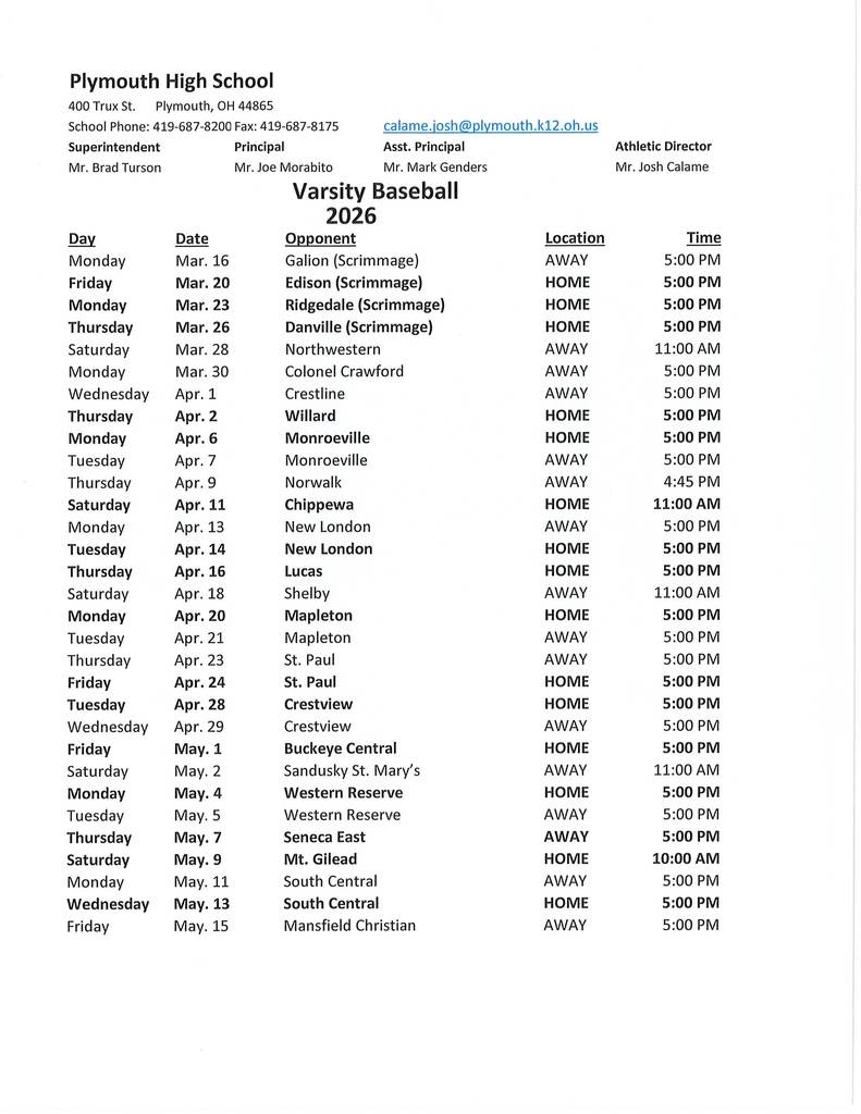 Varsity Baseball 2026 as of 2-19-26