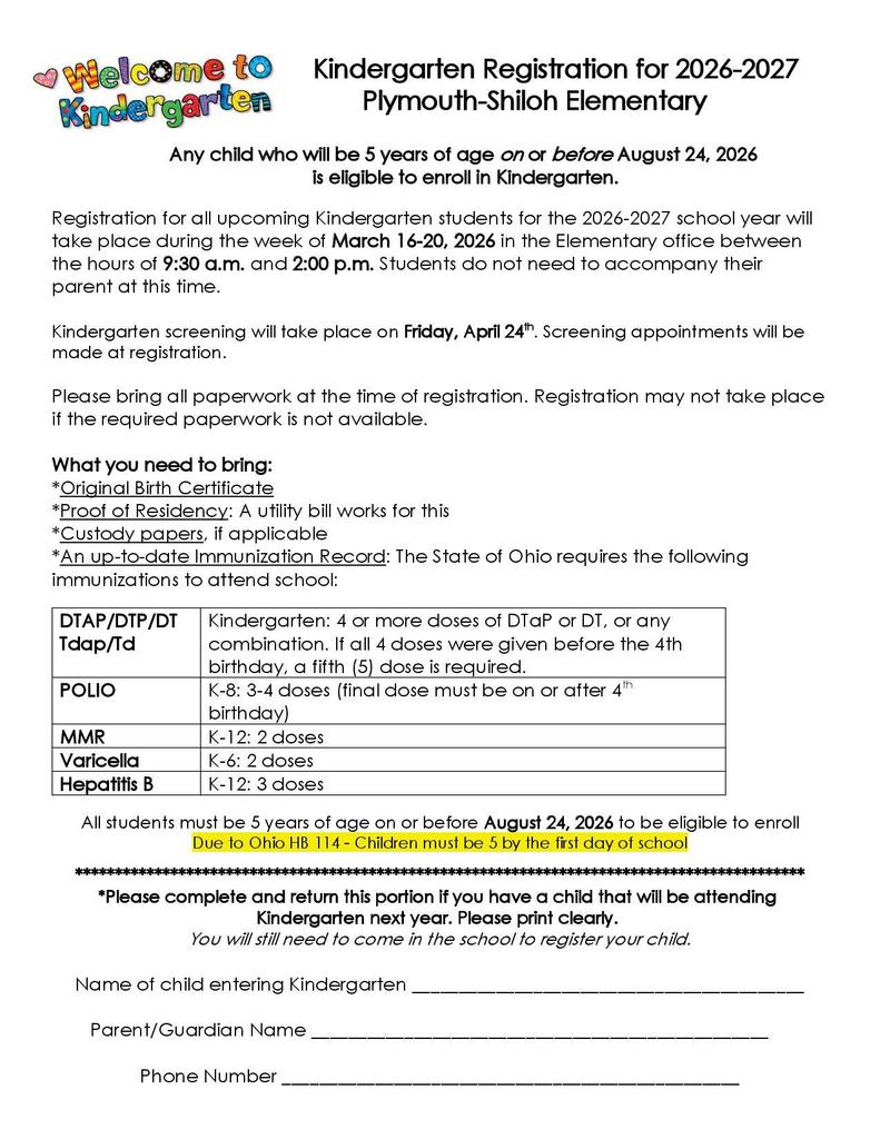 26-27 Kindergarten Registration letter
