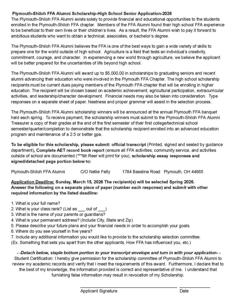 2026 Plymouth-Shiloh FFA Alumni Scholarship Application-High School Seniors