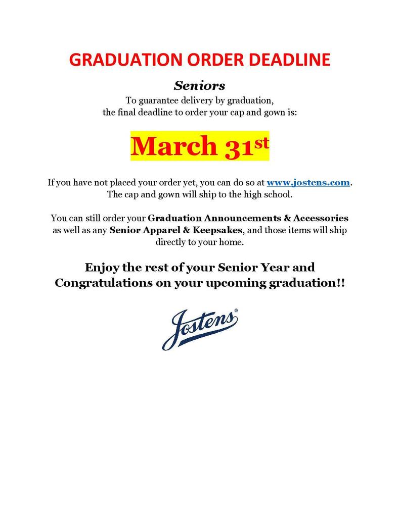ANNOUNCEMENT - GRADUATION ORDER DEADLINE