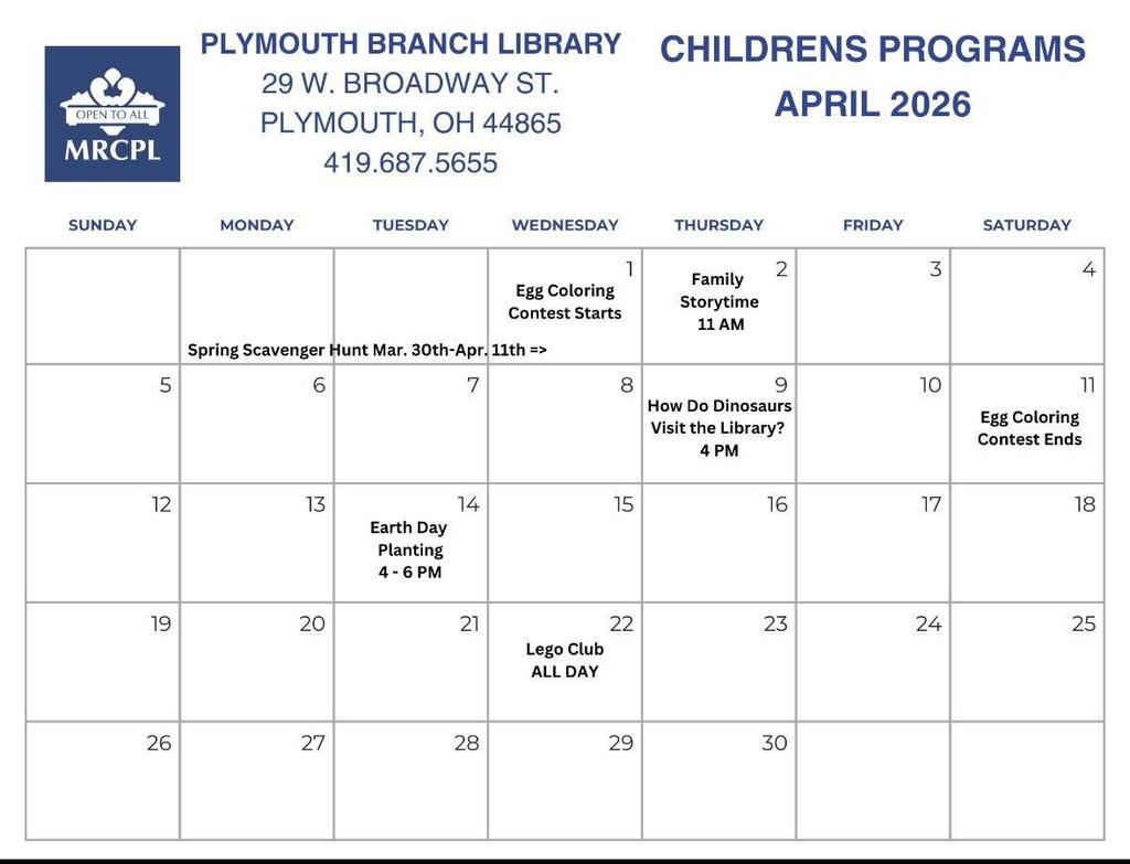 public library schedule for April 2026