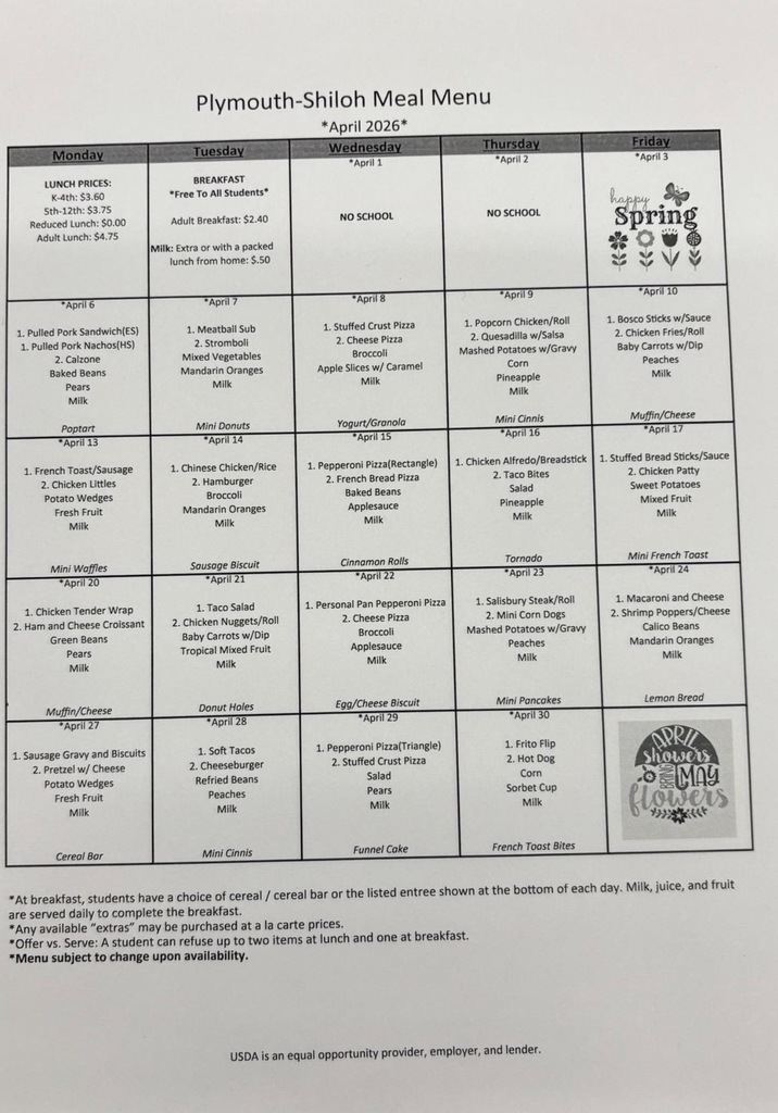 April 2026 lunch menu