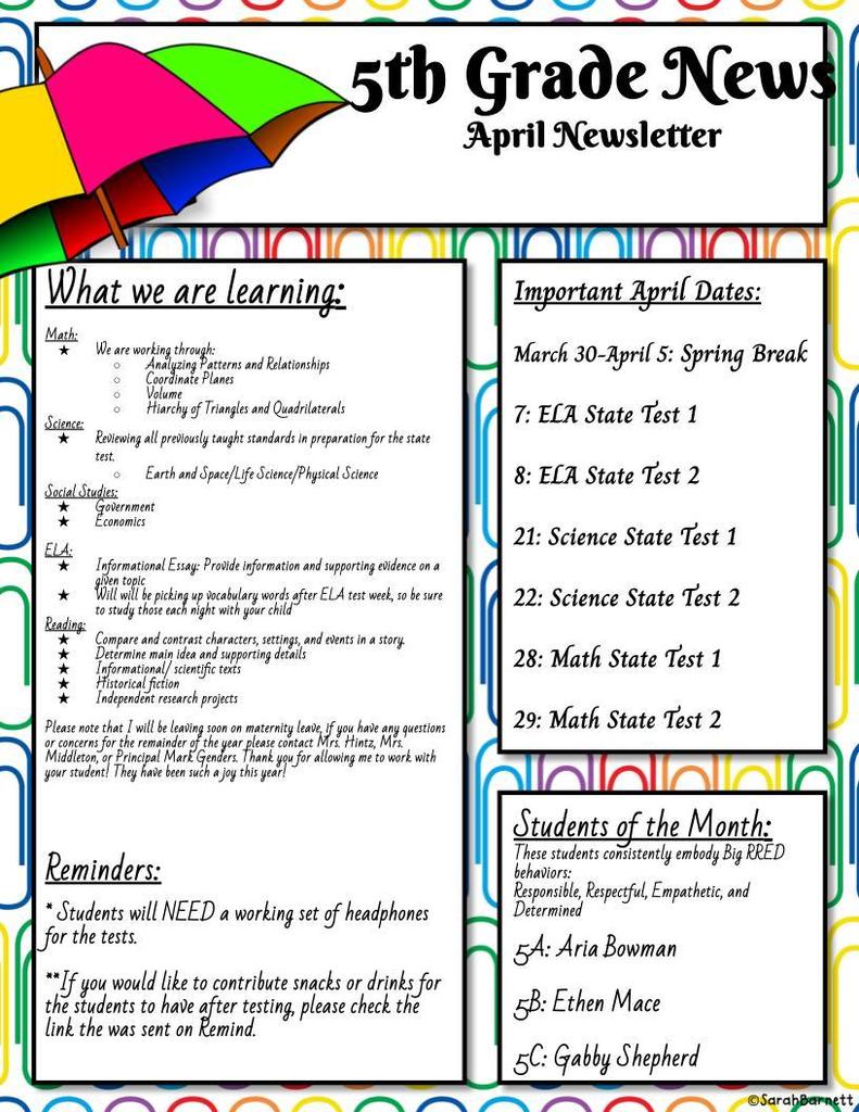 April newsletter 5th grade