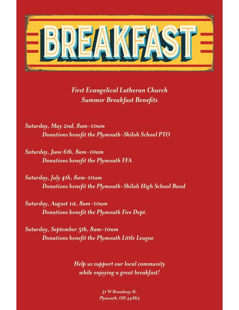 First Evangelical Breakfast schedule 2026