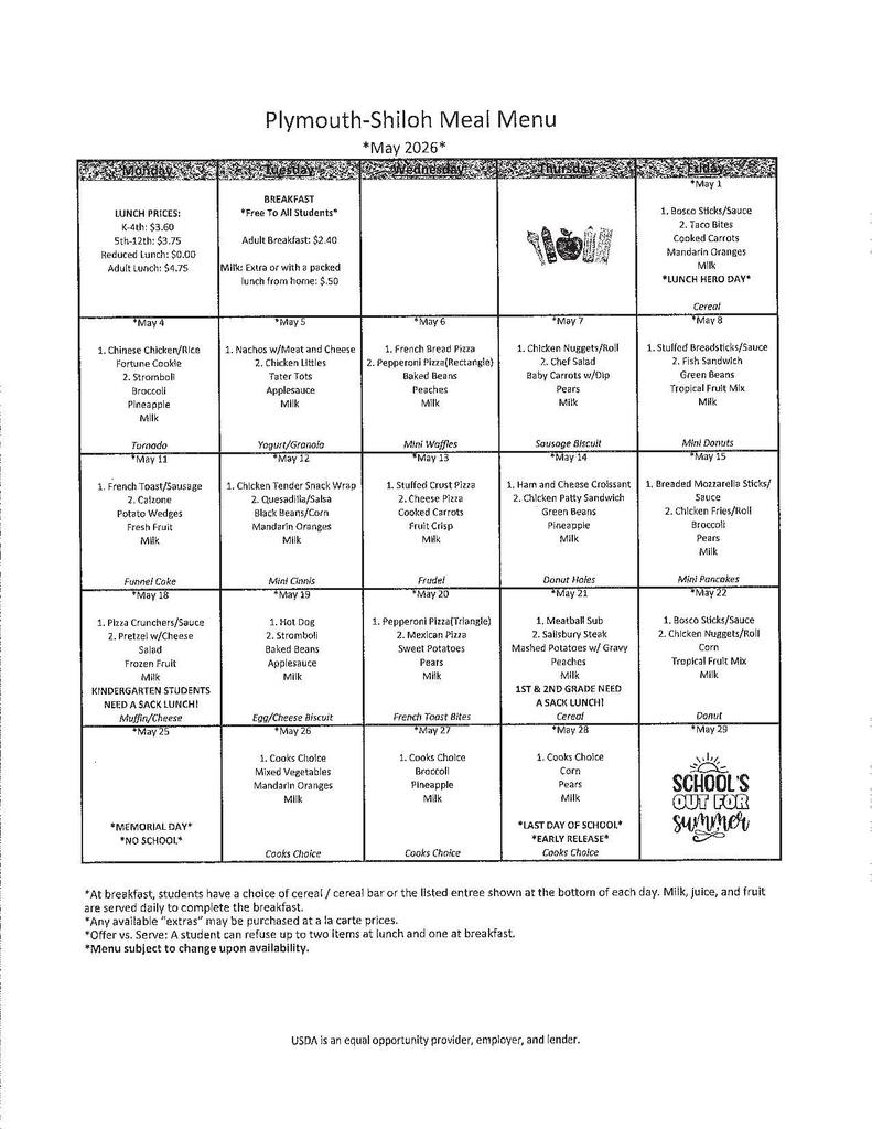 may 2026 lunch menu