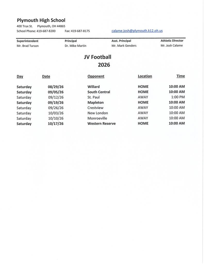 jv football schedule