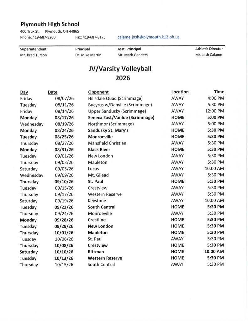 volleyball schedule