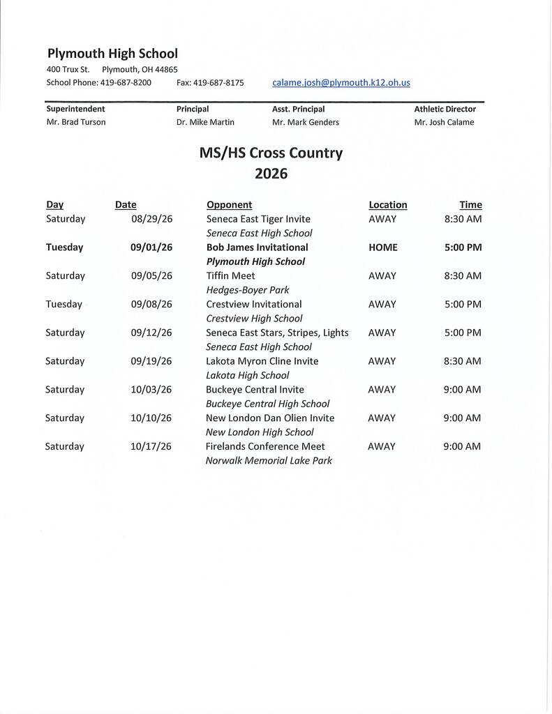 cross country schedule