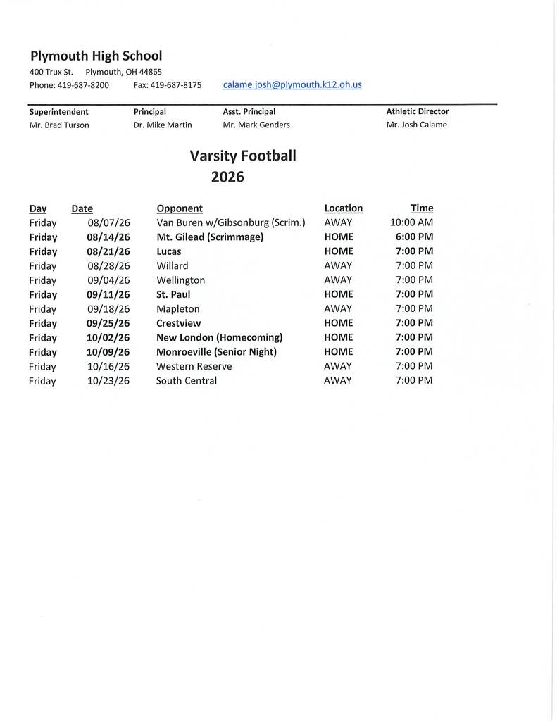 varsity football schedule
