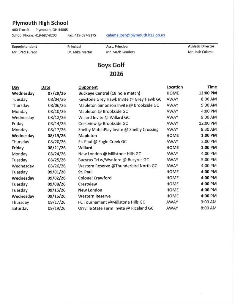 golf schedule