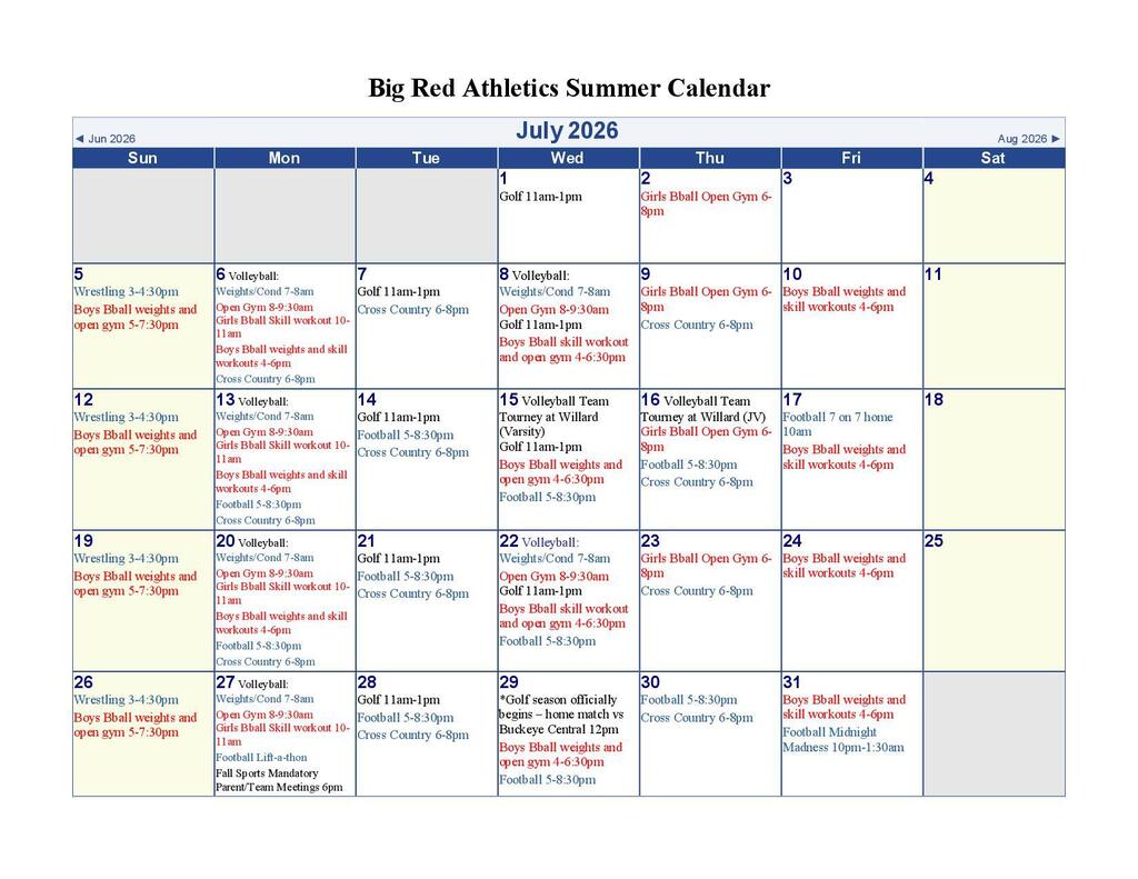July calendar for athletics