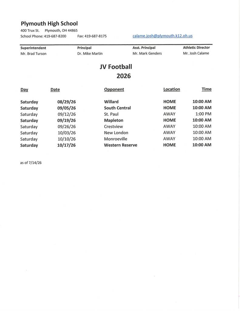 jv football schedule