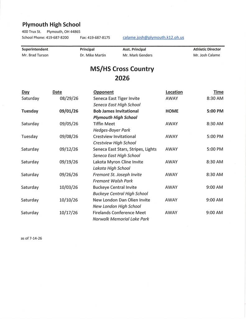 cross country schedule