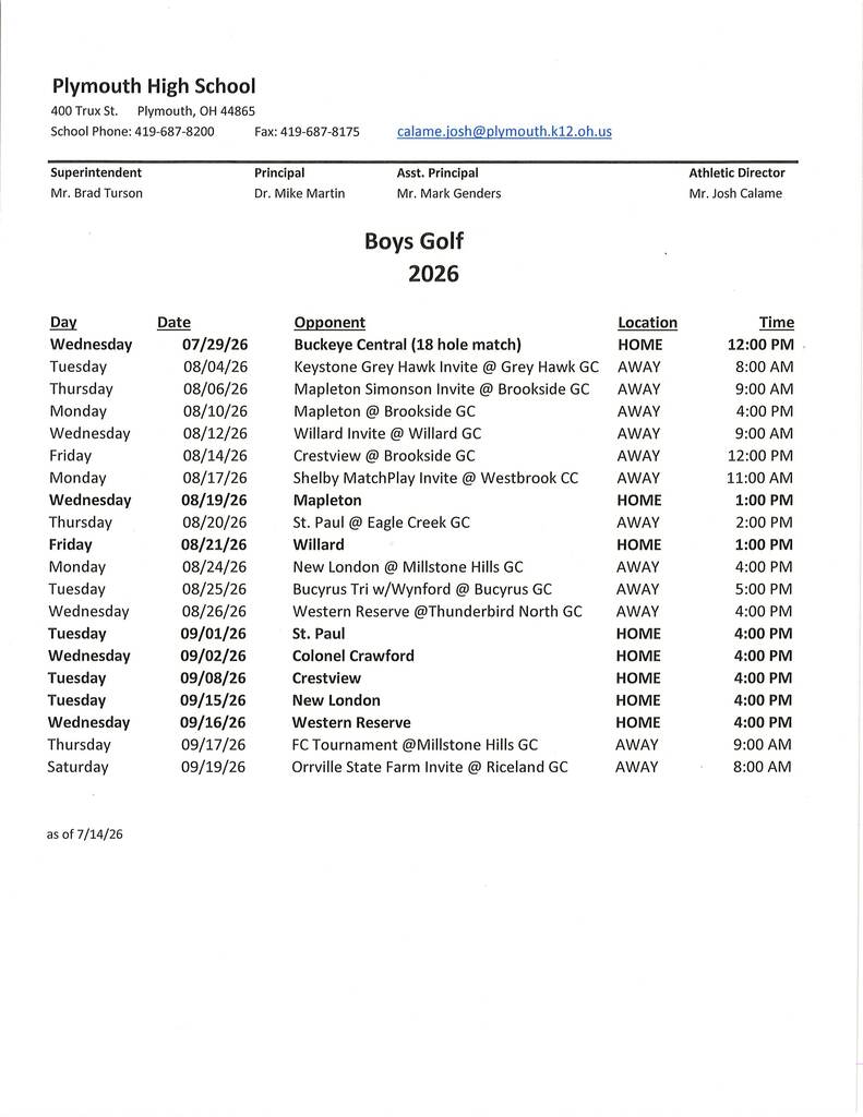 golf schedule