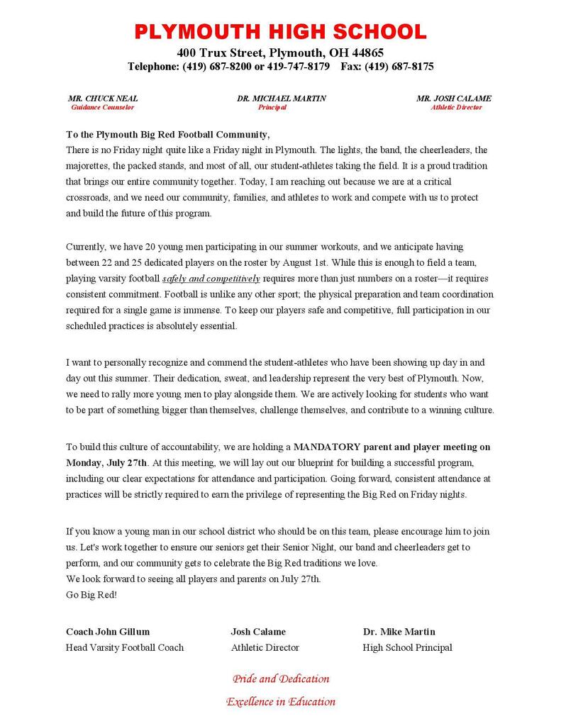letter from coach gillum