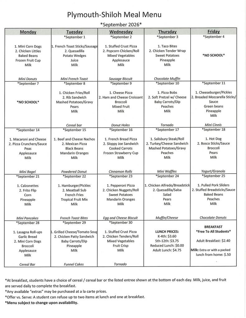 sept lunch menu