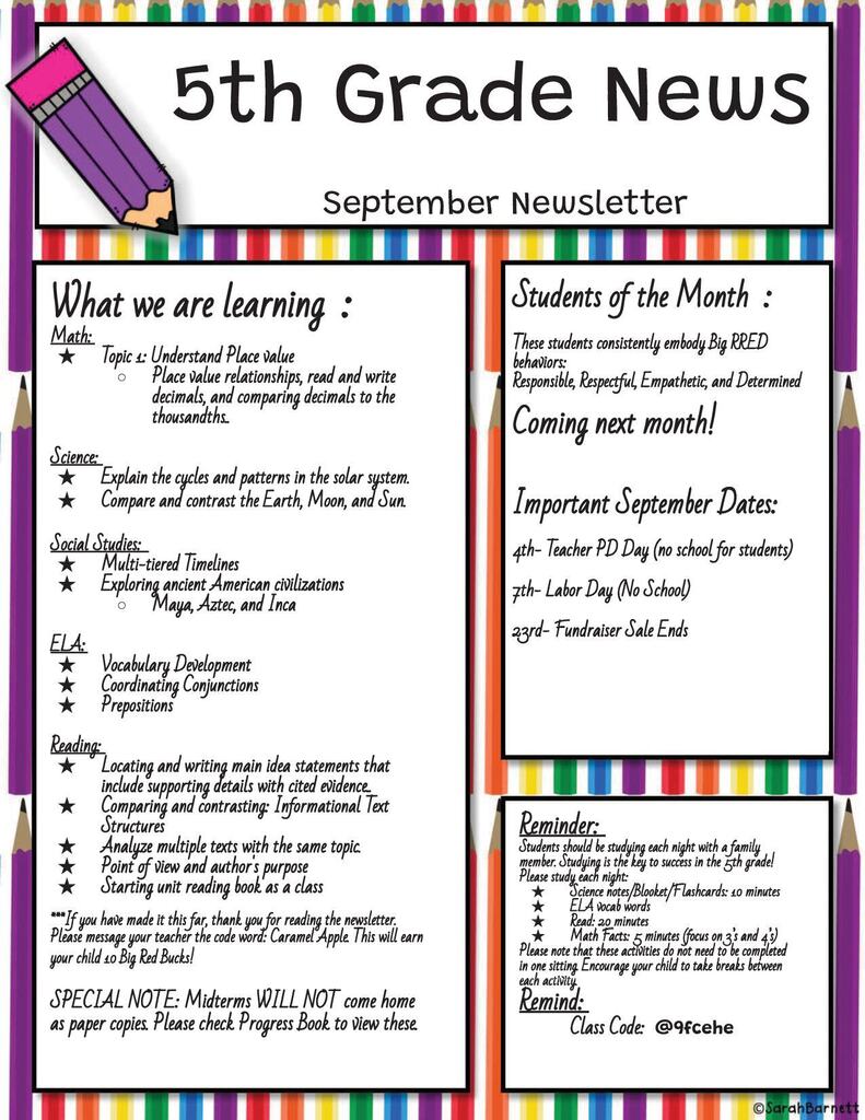 5th grade sept newsletter 2026