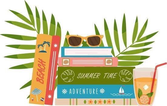 summer books stacked with a drink