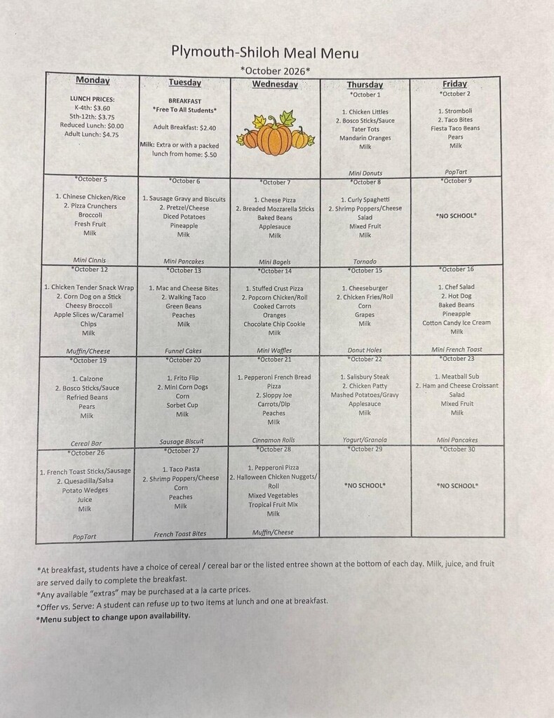 october lunch menu 2026