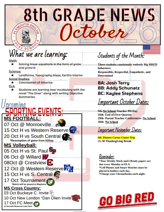 october newsletter 8th grade