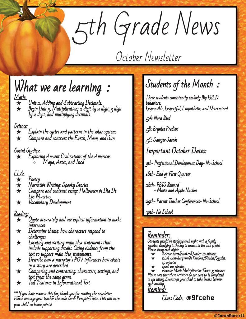 5th grade newsletter october
