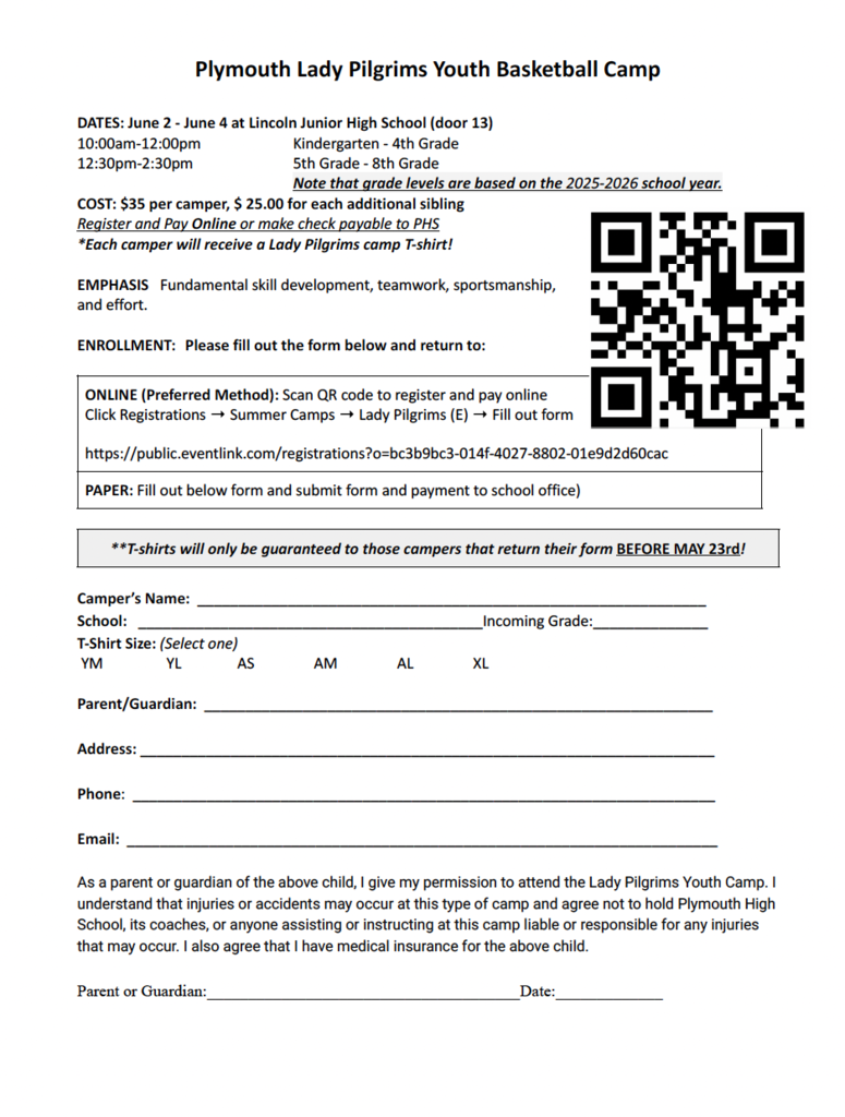 Plymouth Lady Pilgrims Youth Basketball Camp