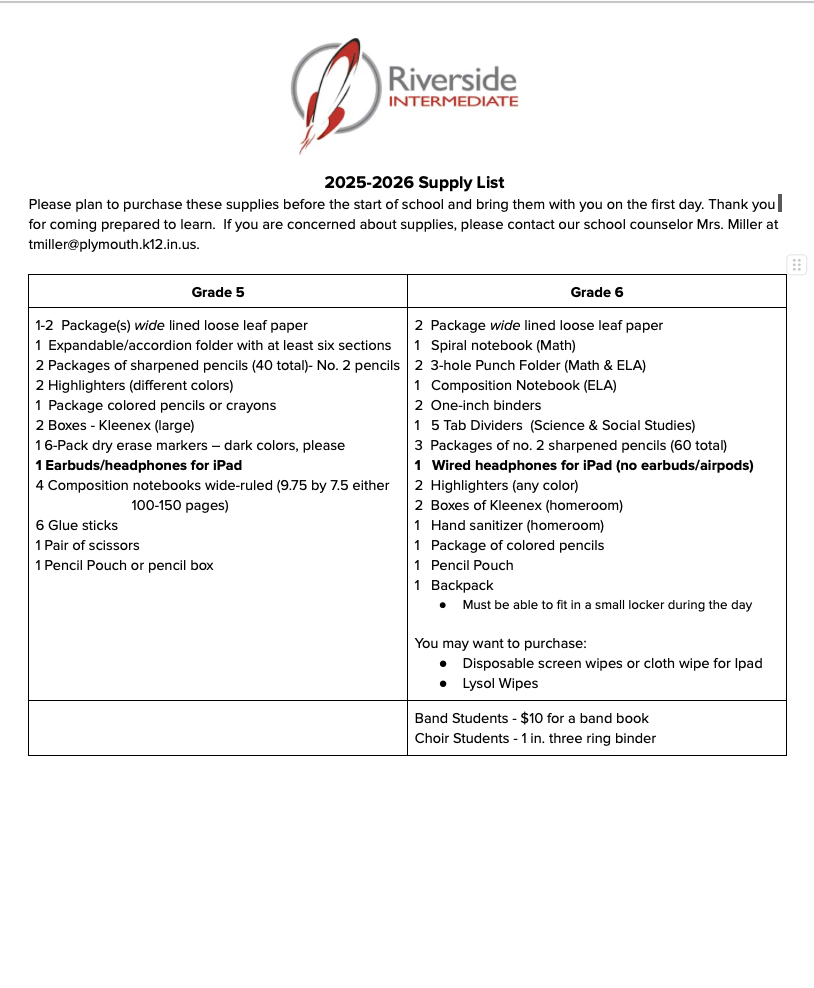 Riverside Intermediate School 2025-2026 Supple List