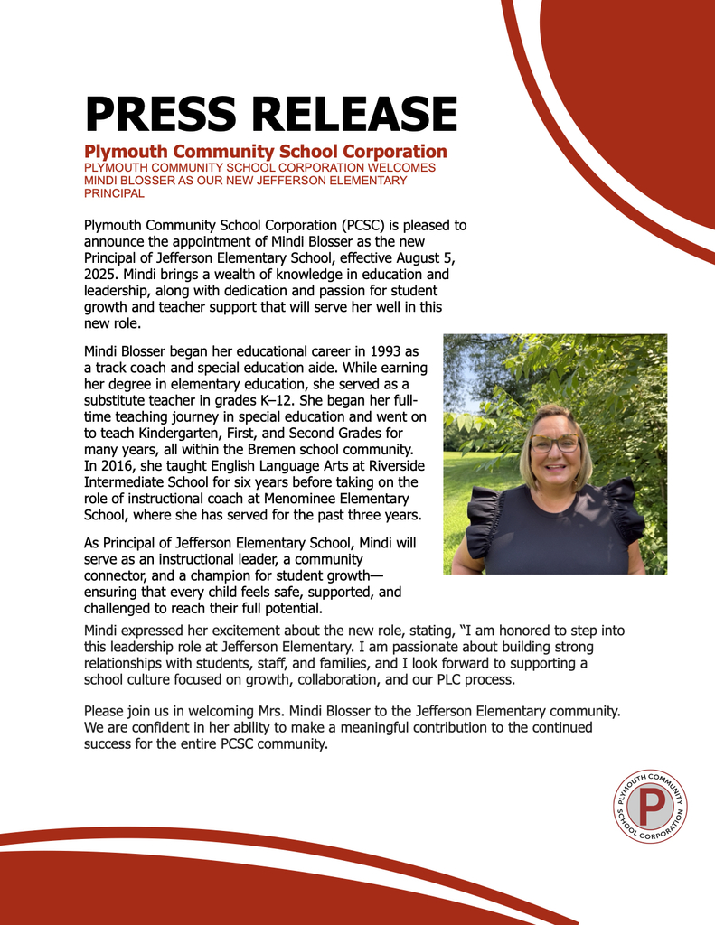 Mindi blosser press release new Jefferson Elementary principal