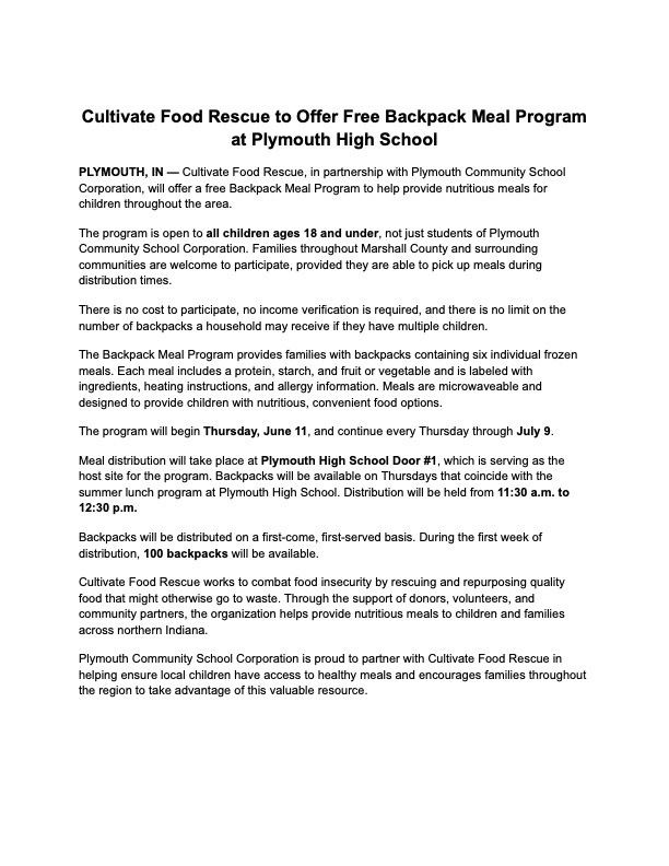 cultivate food rescue coming to PHS thursdays!