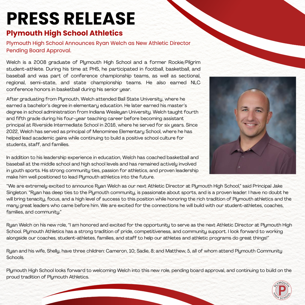 ryan welch, new plymouth high school athletic director, pending school board approval