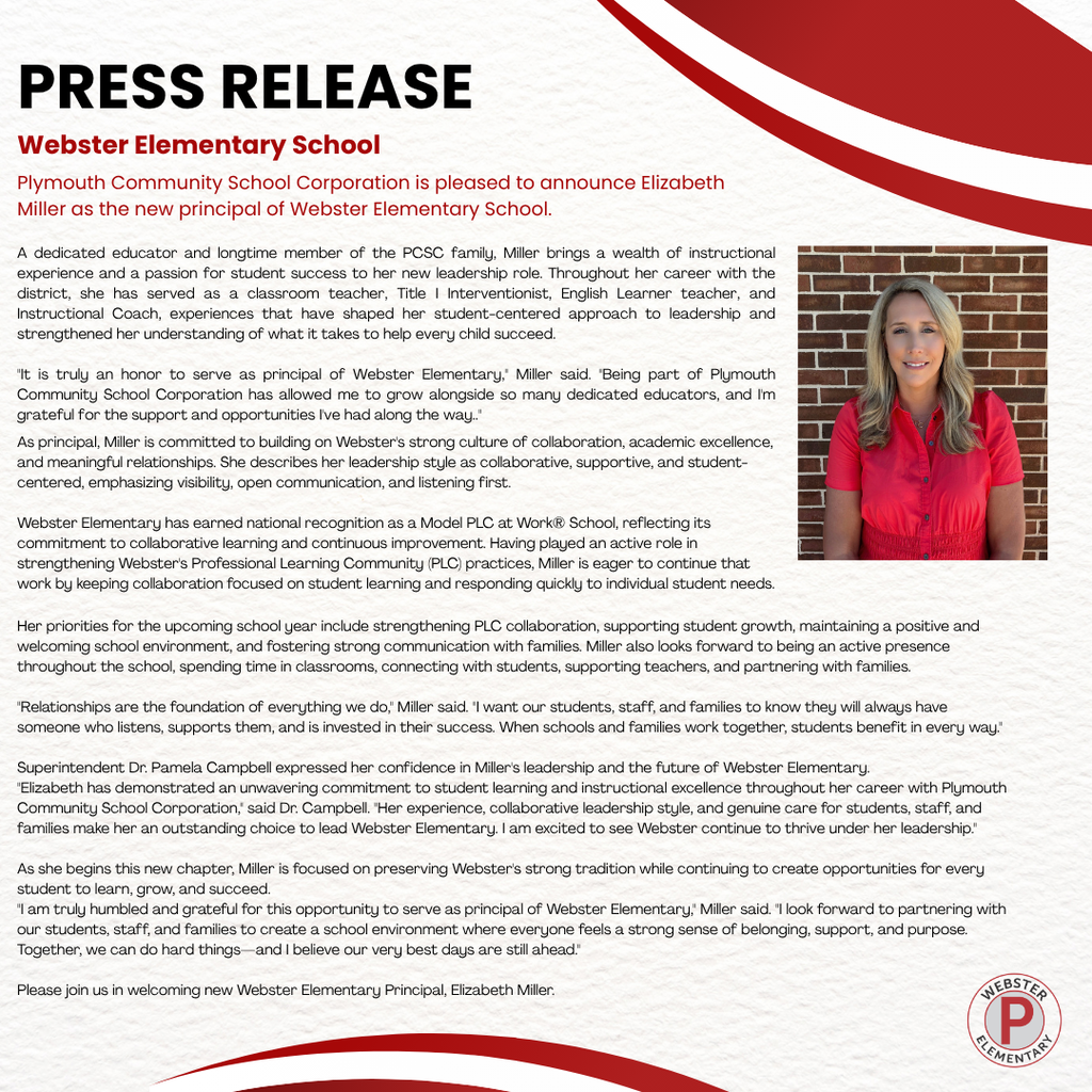 new webster elementary principal, elizabeth miller