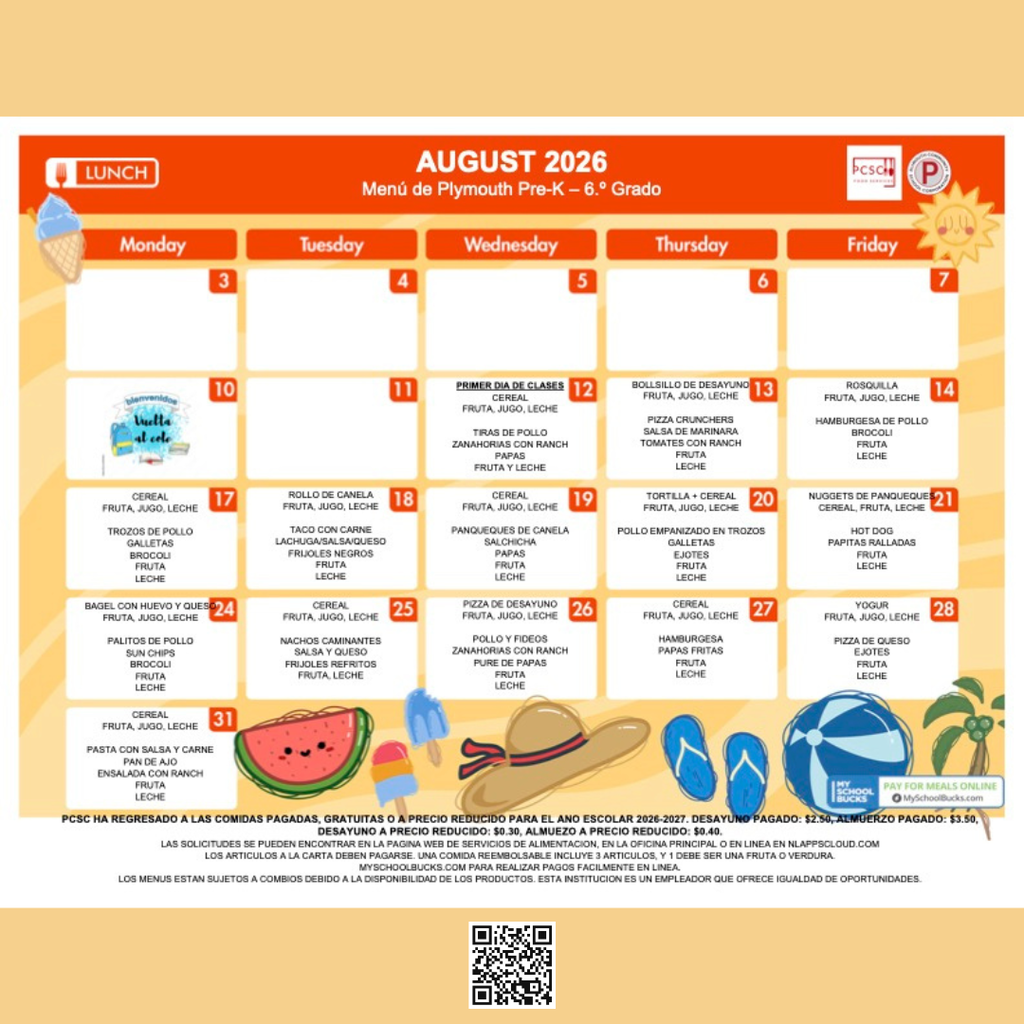pcsc august menu- pre k - 6th grade- in spanish