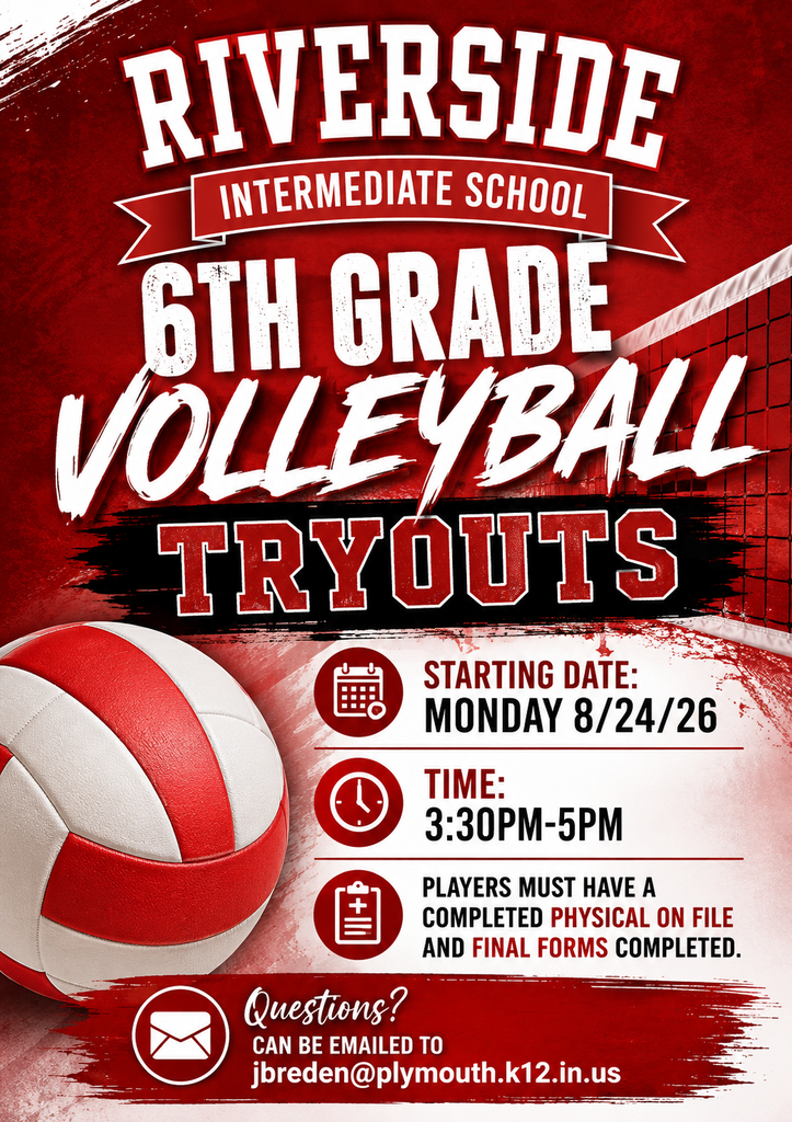 6th grade volleyball tryouts monday august 24 from 3:30-5!