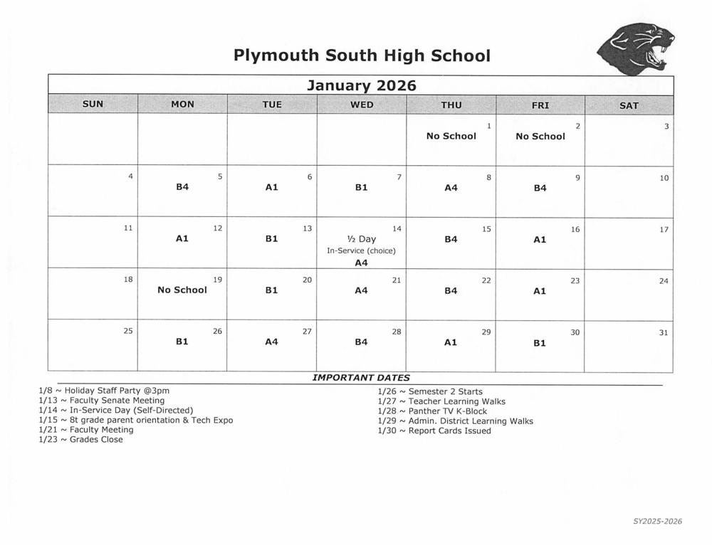 PSHS January Day Calendar