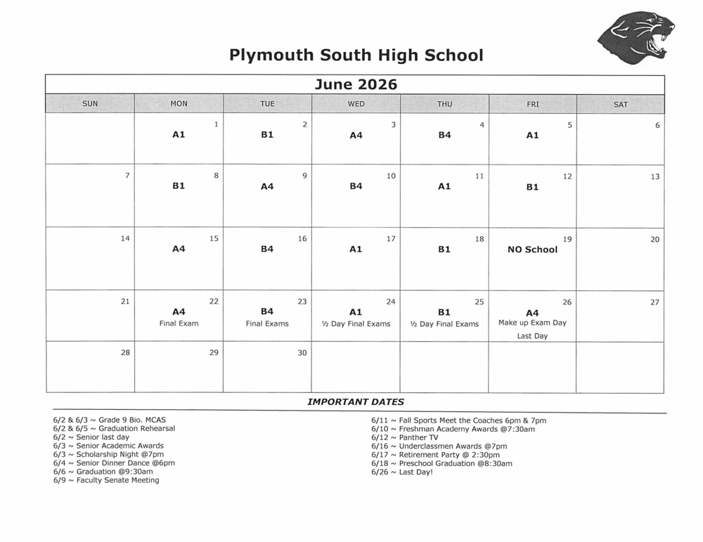 PSHS June  Day Calendar