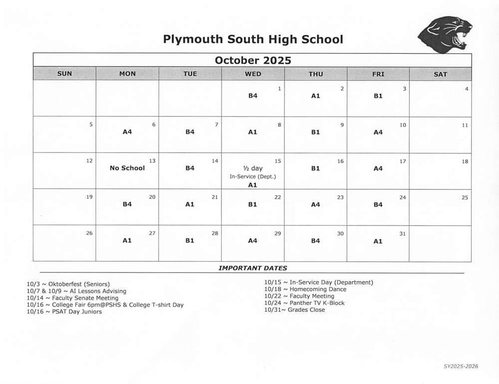PSHS October Day Calendar