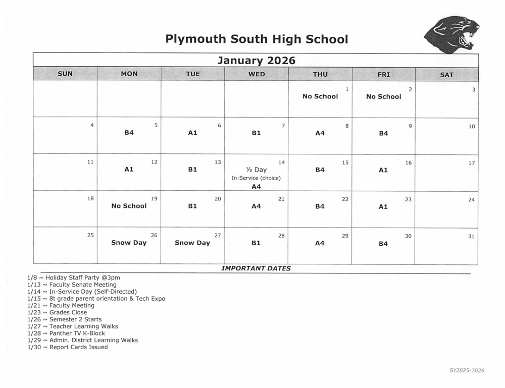PSHS January Day Calendar