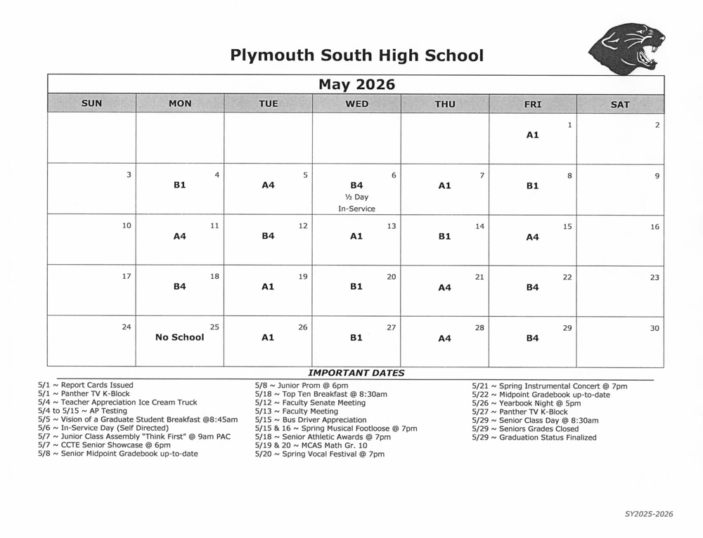 PSHS April  Day Calendar