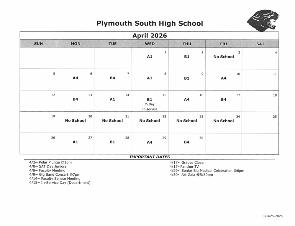 PSHS April  Day Calendar