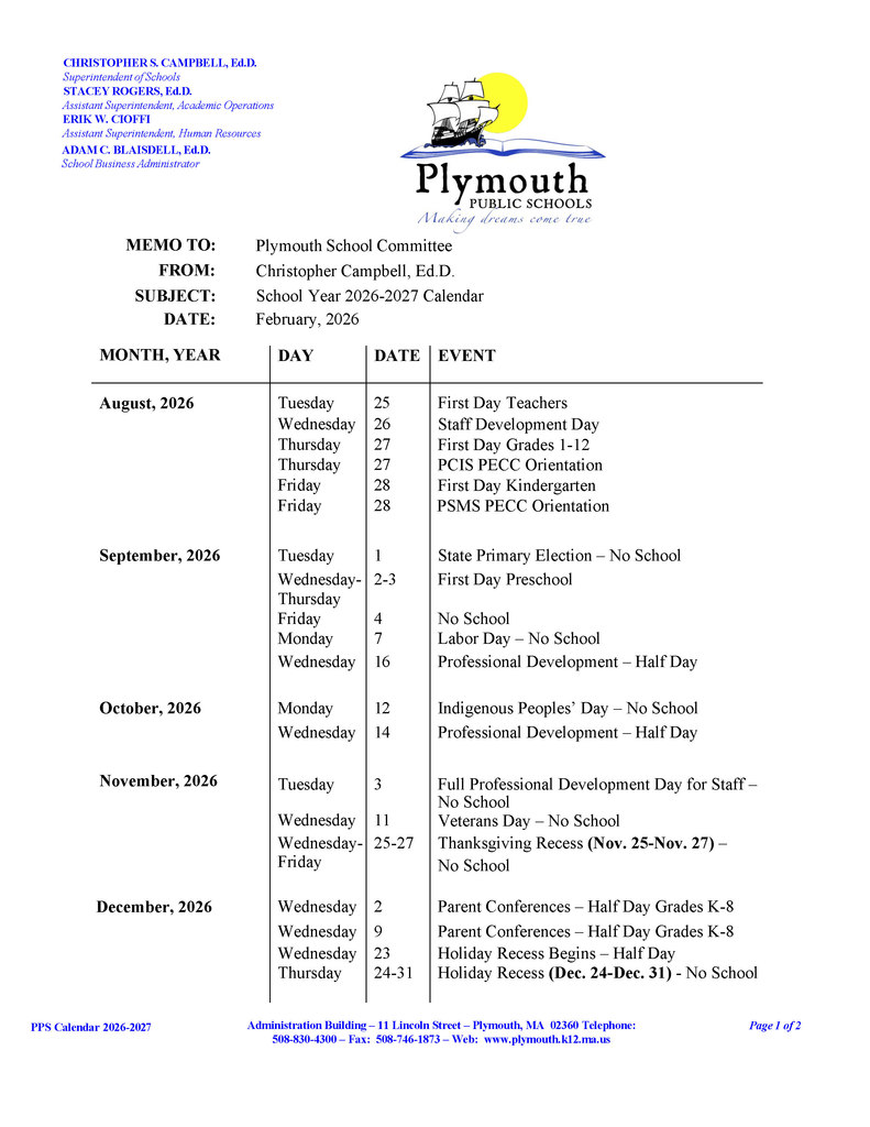 Plymouth School Committee approved calendar dates.