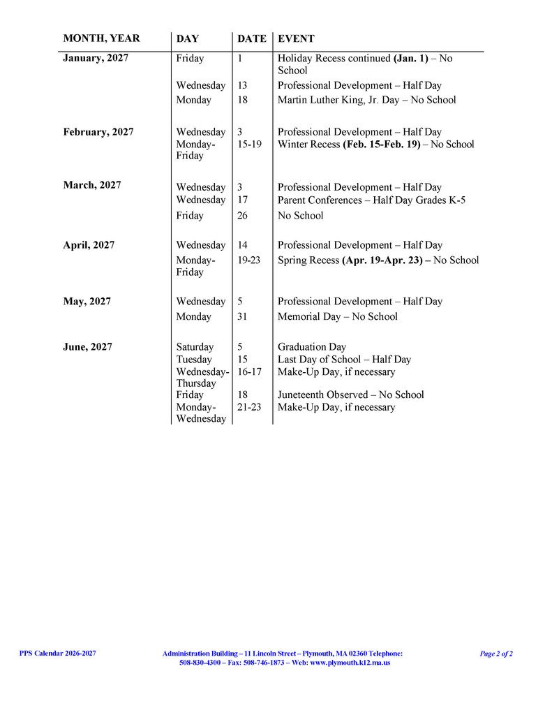 Plymouth School Committee approved calendar dates.