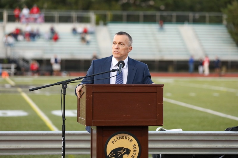 The community gathers to honor Karl Braun and support the Plymouth South Panthers football team.