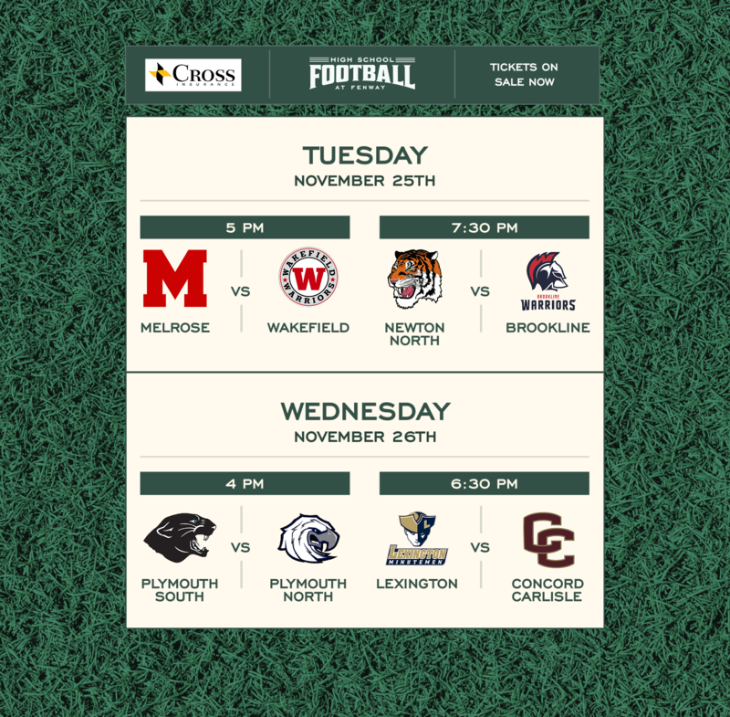 High School Football at Fenway tickets are on sale now. Plymouth North vs. Plymouth South is on Wednesday, November 26th at 4:00 PM.