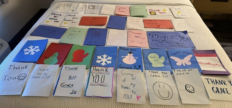 Handwritten cards for Grace Jo.