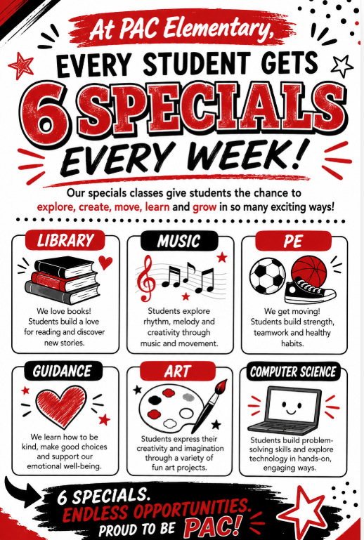 Flyer letting families know students get 6 specials a week.