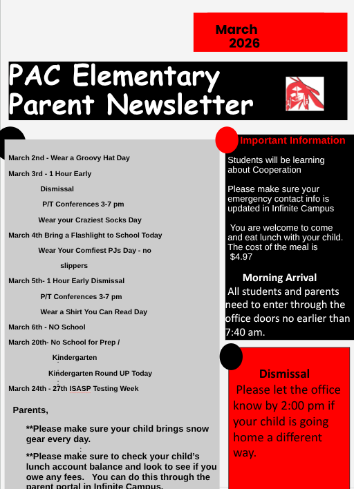 PAC elementary parent newsletter from Mrs. Carlson