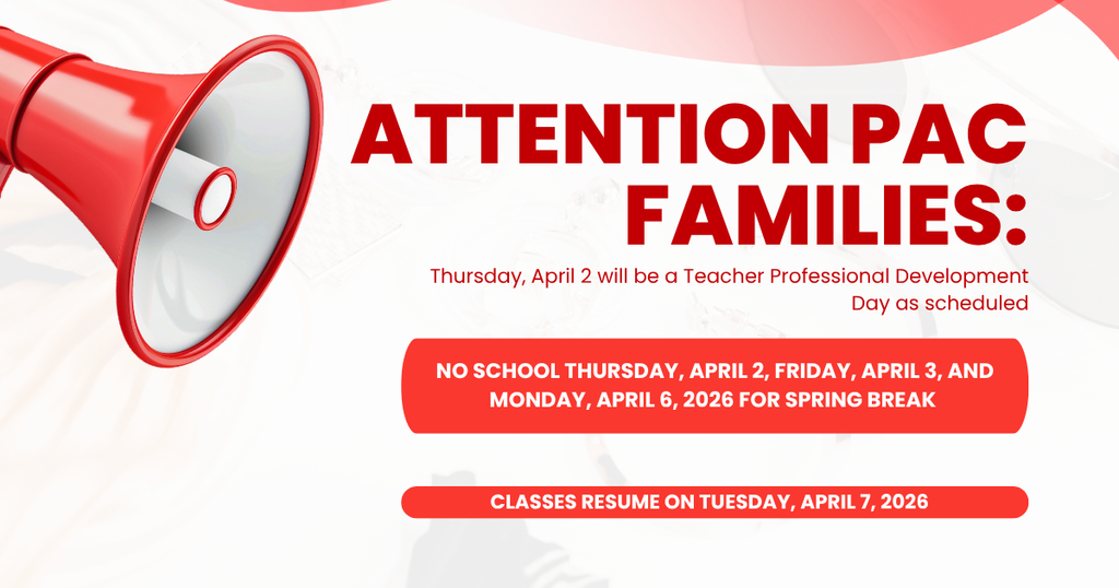 No school Thursday April 2 through Monday April 6, classes resume on Tuesday, April 7, 2026